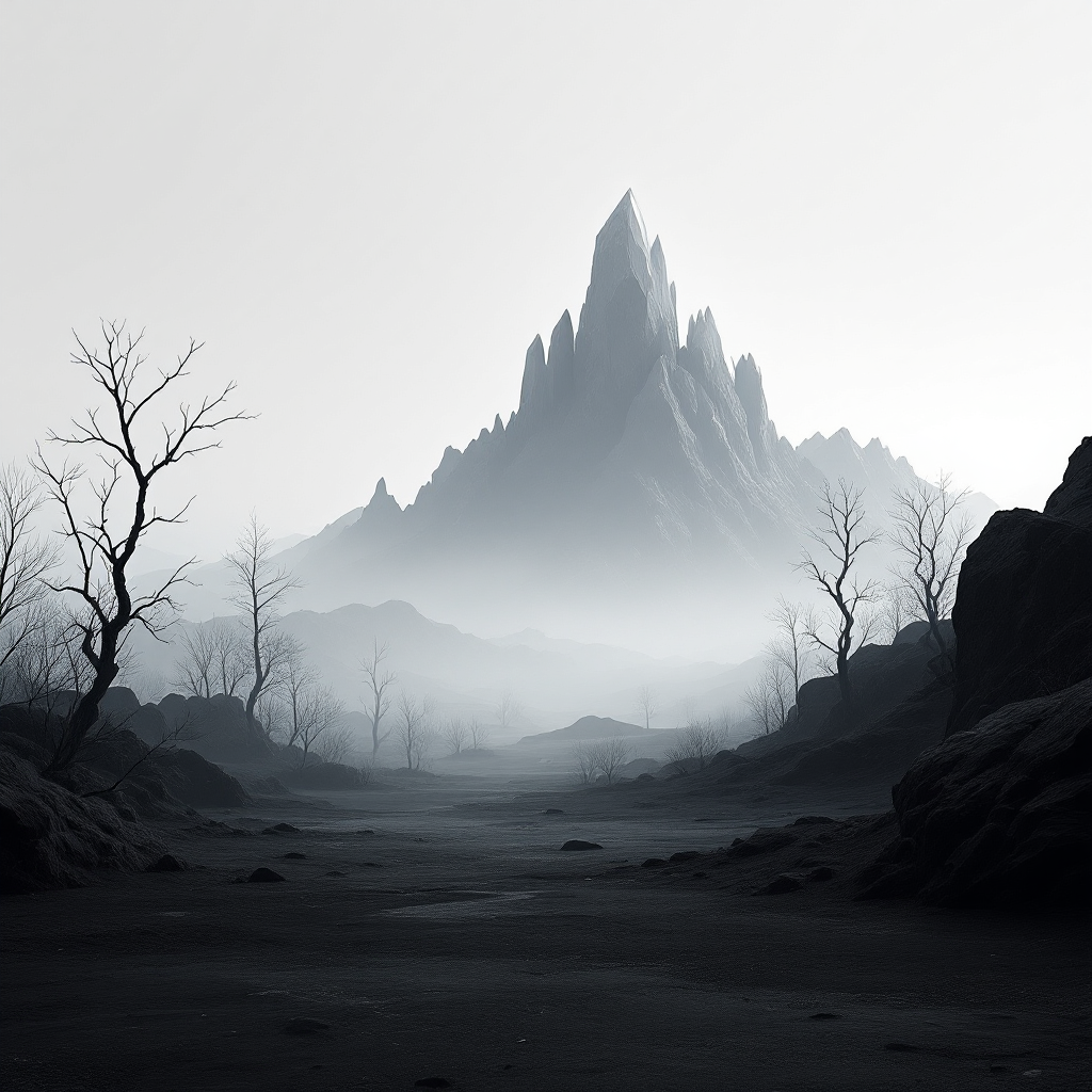 A dramatic, monochromatic landscape features jagged mountains shrouded in mist, with barren trees and a desolate path, embodying the spirit of the quote: The world was not made for the faint of heart.