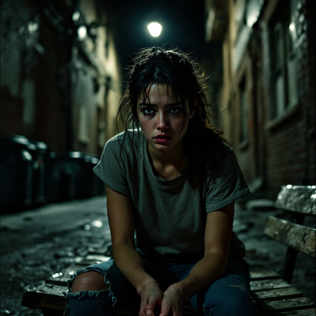 A young woman sits on a bench in a dimly lit alley, looking vulnerable and contemplative, embodying the weight of unspoken secrets and hidden struggles.