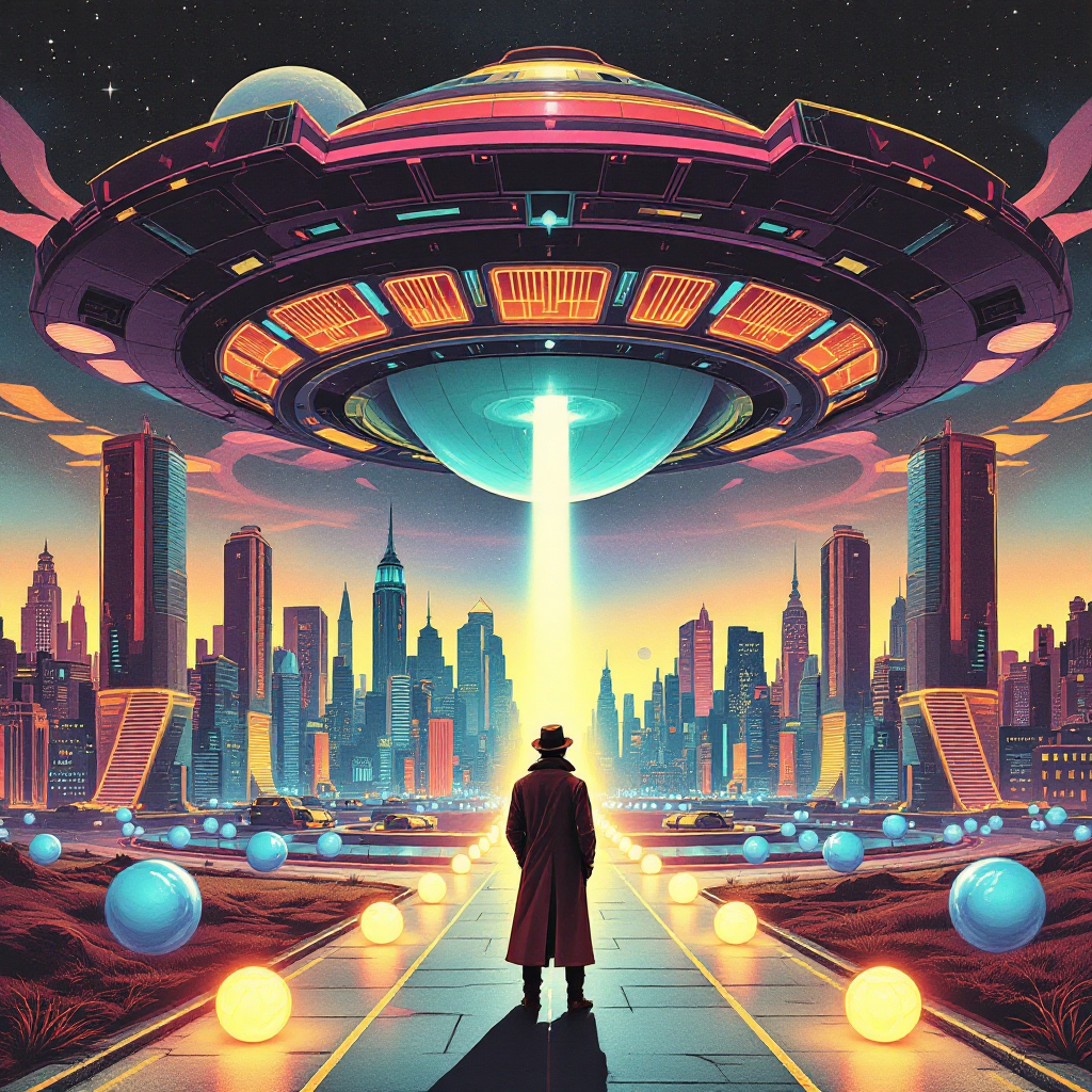 A figure in a long coat stands on a futuristic pathway, gazing at a brightly lit UFO descending over a vibrant cityscape, embodying the theme of choices and their consequences.