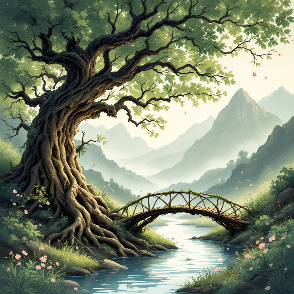 A majestic tree stands near a serene river, with a wooden bridge arching over the water. Mountains loom in the background, capturing the enchanting essence of Terabithia where the impossible is real.