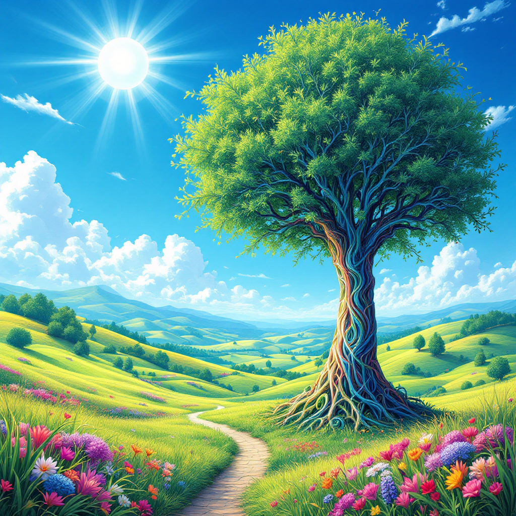 A vibrant landscape features a large tree with intricate roots, colorful flowers dotting the grassy hills, under a bright sun and clear blue sky, symbolizing growth and understanding.