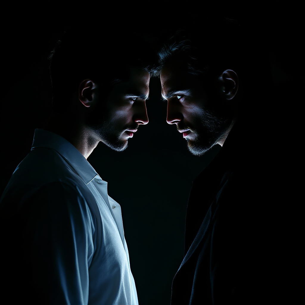 Two men face each other in stark contrast, their expressions intense and conflicted, reflecting the quote about guilt and responsibility. The dark background emphasizes their confrontation.