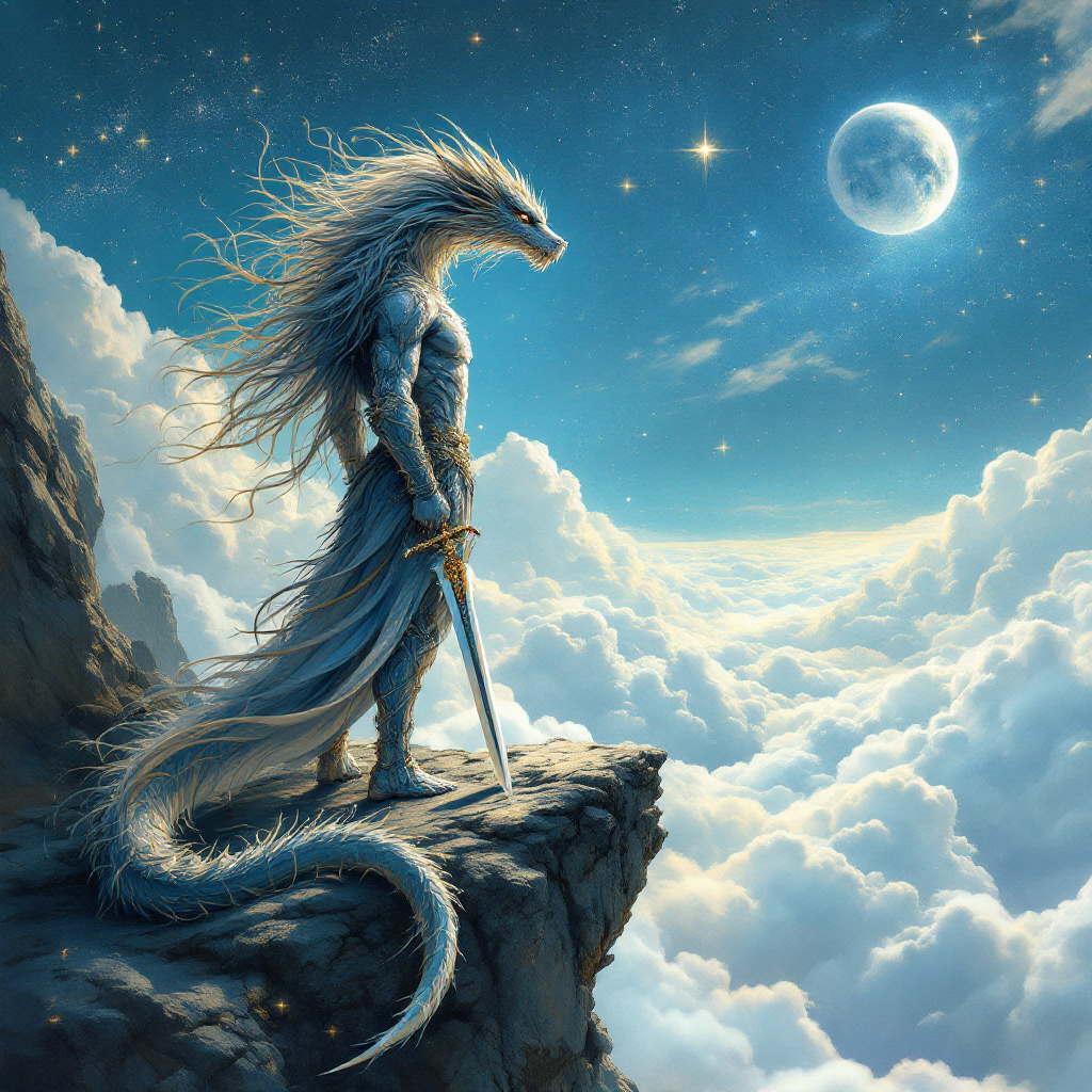 A heroic figure with dragon-like features stands on a cliff, holding a sword and gazing at a luminous moon, embodying the essence of self-reliance and personal empowerment.