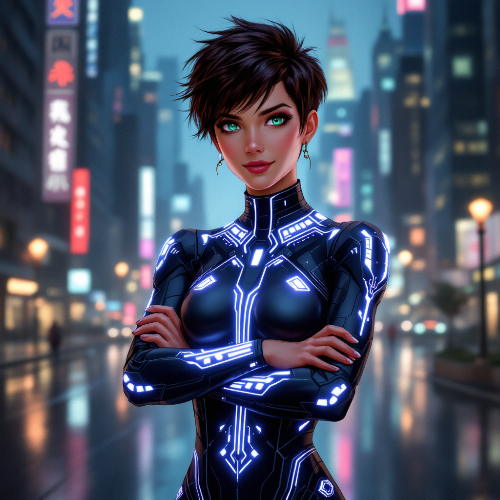 A confident figure stands in a neon-lit cityscape, arms crossed, wearing a sleek, futuristic outfit that evokes themes of freedom and independence, embodying the spirit of “I am free.”