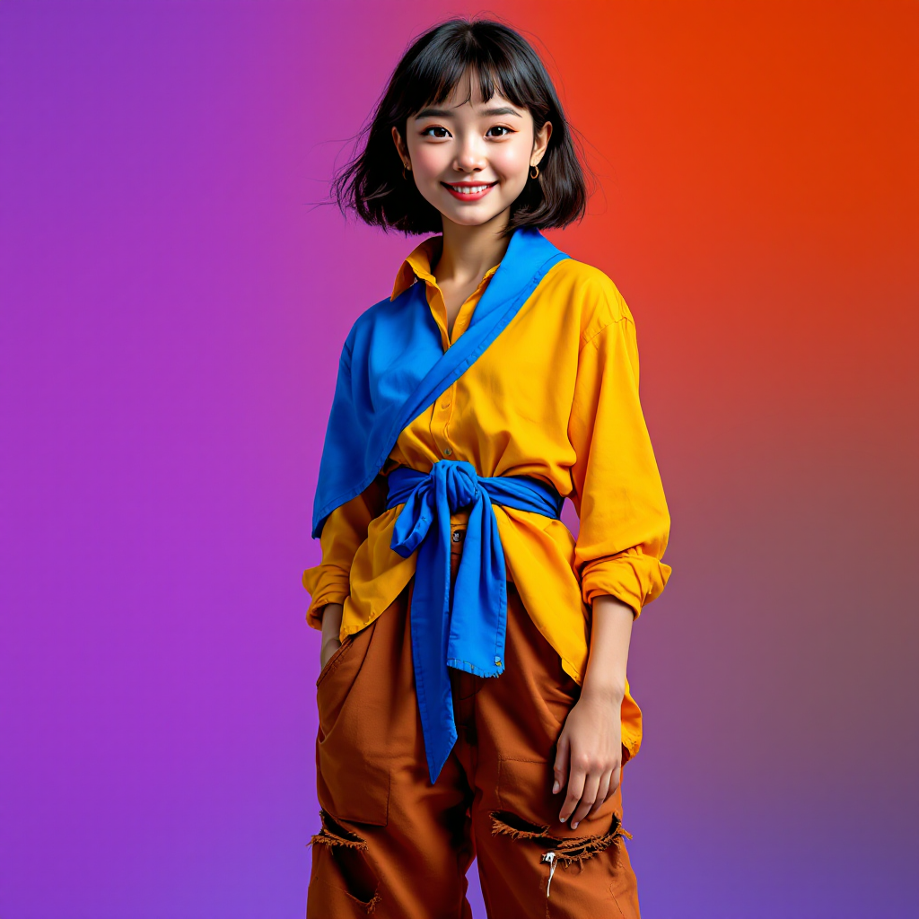 A young woman stands confidently in a vibrant outfit of orange pants and a blue-and-yellow top, smiling against a colorful gradient background that evokes positivity and self-worth.