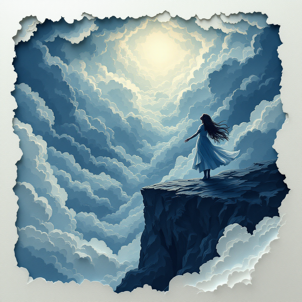 A girl in a flowing white dress stands on a rocky cliff, gazing up at a radiant light breaking through swirling stormy clouds, symbolizing resilience and hope.