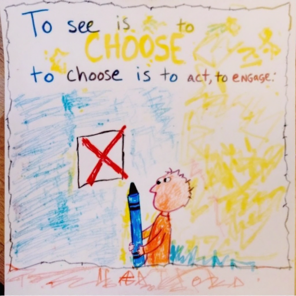 A colorful illustration featuring a child holding a large blue crayon, standing before a wall with an incomplete drawing of a red 'X,' emphasizing the quote about seeing, choosing, and acting.