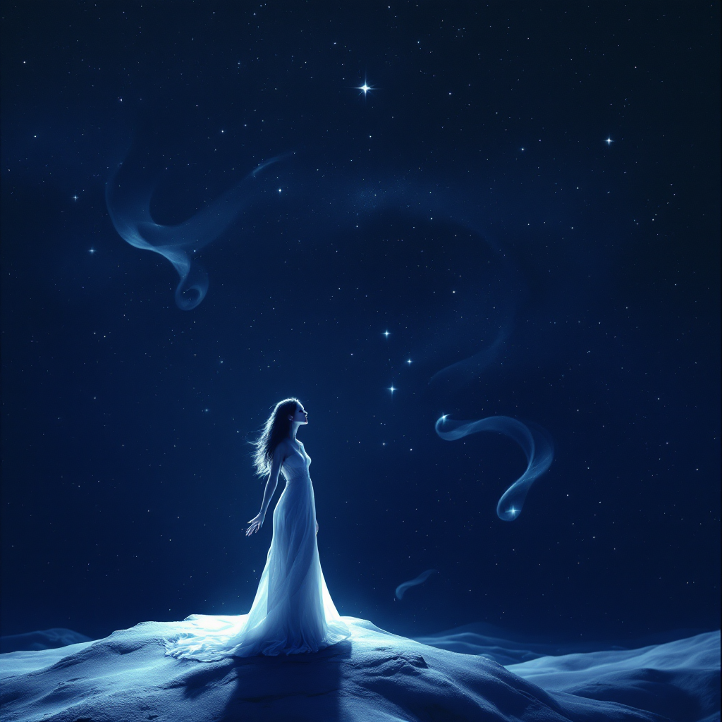 A figure in a flowing white dress stands on a tranquil dune at night, gazing up at a starry sky, embodying the quote about overcoming the fear of the unknown to achieve greatness.