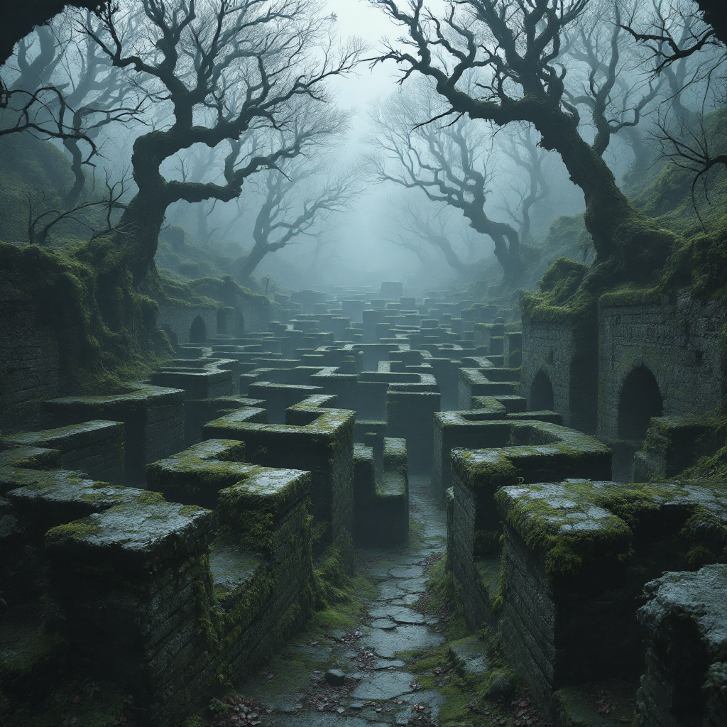 A mysterious maze enveloped in fog, surrounded by gnarled trees, captures the essence of the quote, It's not the Maze that's the problem; it's what lies beyond it.