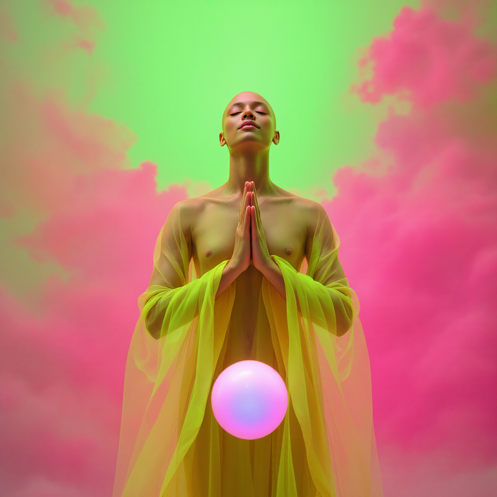 A serene figure with a shaved head stood in prayer, surrounded by vibrant green and pink hues, embodying self-realization and elevated consciousness. A glowing orb rests at their center.