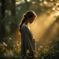 A woman in a flowing grey dress stands amidst soft flowers, bathed in warm golden light, embodying the tranquility of silence and reflection.