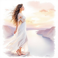 A woman in a flowing white dress stands at the edge of a cliff, gazing out at a serene river and a sunset, embodying the essence of freedom and its relativity.