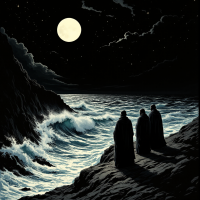 Three cloaked figures stand on a rocky shore, gazing at turbulent waves under a bright moon, reflecting the fears of wise men: storms, darkness, and a gentle man's wrath.