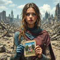 A young woman stands amidst a desolate cityscape, holding a photograph of a happier time, embodying the quote about roles overshadowing reality. Her expression reflects resilience and nostalgia.