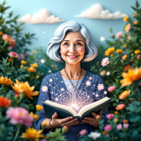 An older woman with gray hair smiles while holding an open book, surrounded by colorful flowers and soft clouds, embodying the essence of lifelong learning and discovery.