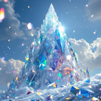 A majestic crystalline mountain rises into a bright sky, reflecting light in vibrant colors, embodying the concept of an ineffable plan meant to be obeyed.