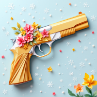 A vibrant yellow gun adorned with colorful flowers and surrounded by delicate snowflakes, representing the juxtaposition of beauty and danger, inspired by the quote Happiness is a very warm gun.