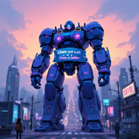 A towering blue robot stands in a futuristic cityscape at sunset, emblazoned with the quote, Chaos isn’t a pit. Chaos is a ladder, amidst glowing neon signs and silhouettes of people.