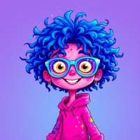 A cheerful character with vibrant blue, curly hair and round glasses smiles, wearing a pink hoodie adorned with stars, embodying the message that you don’t have to be 'normal' to be loved.