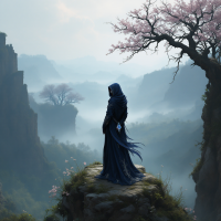 A figure in a blue cloak stands on a rocky ledge, gazing over a misty landscape adorned with cherry blossoms and distant mountains, embodying the essence of self-discovery and inner peace.