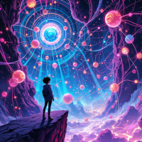 A figure stands on a rocky outcrop, gazing into a vibrant, cosmic landscape filled with swirling lights and interconnected spheres, embodying the concept of cyberspace as a shared hallucination.