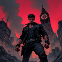 A lone figure in a leather jacket stands defiantly amidst a desolate cityscape, with a crimson sky and the clock tower looming in the background, reflecting a moment of despair and urgency.