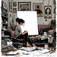 A young woman sits on a cluttered couch in a cozy, artistic room, gazing at a blank canvas, surrounded by sketches and books, embodying the quote about lifelong dreams.