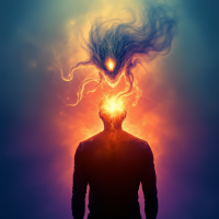 A dark, shadowy figure looms above a person whose head glows with fiery energy, symbolizing an invisible monster consuming their memories.