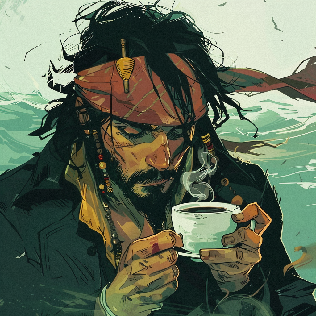 A pirate wearing a headband and dreadlocks, sitting by the sea, holding and looking intently at a steaming cup of coffee.