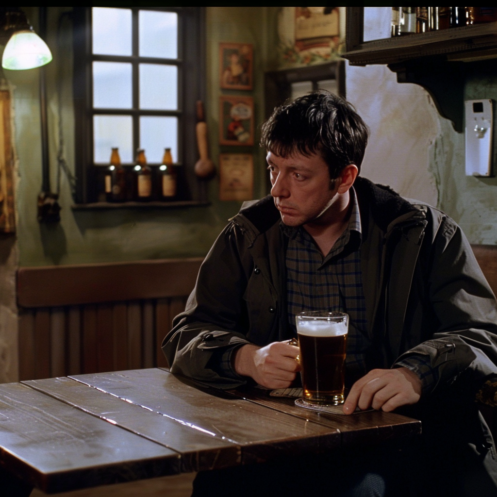 A man sits alone in a cozy pub, staring at his beer with a contemplative expression. The scene reflects the quote from Arthur, This must be Thursday, as he struggles to get the hang of Thursdays.