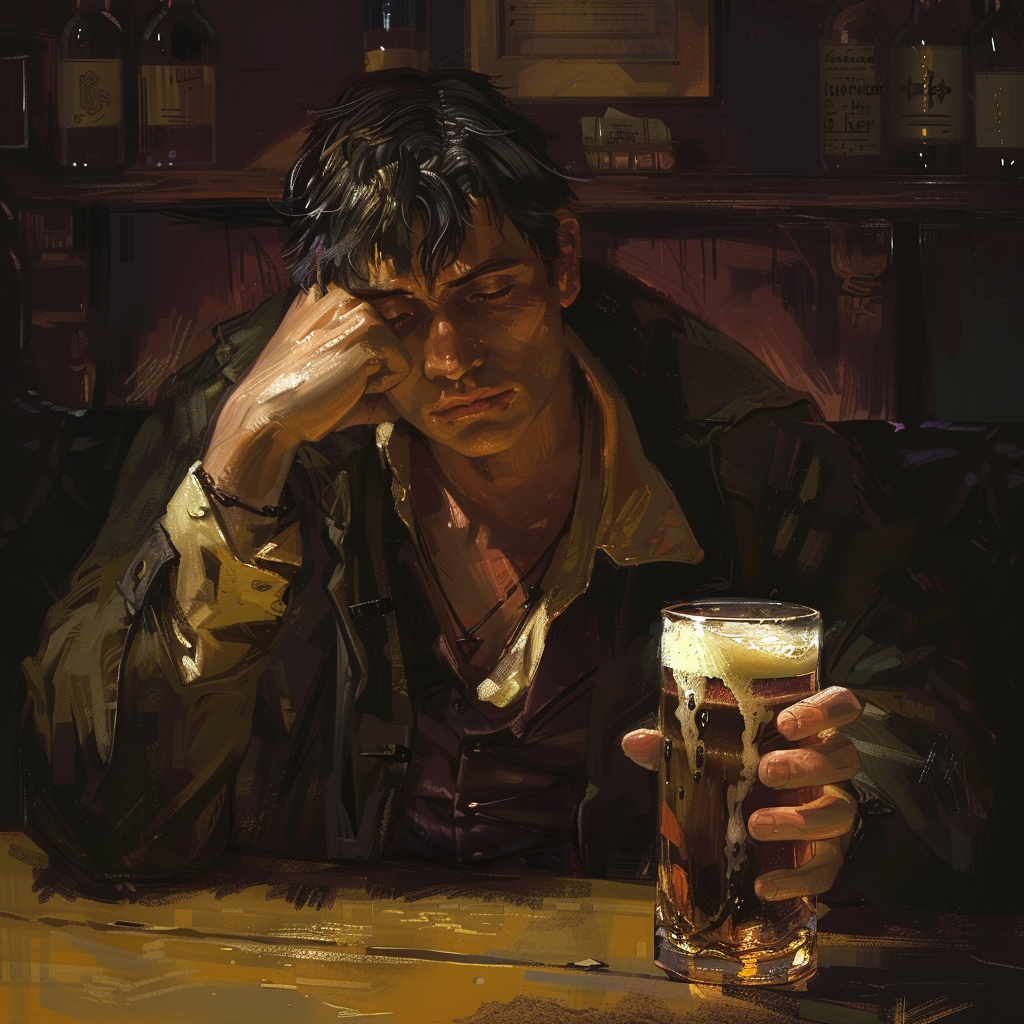 A man sits at a dimly lit bar, holding a beer with a thoughtful expression, embodying the book quote: ‘This must be Thursday,’ said Arthur to himself, sinking low over his beer, ‘I never could get the hang of Thursdays.’