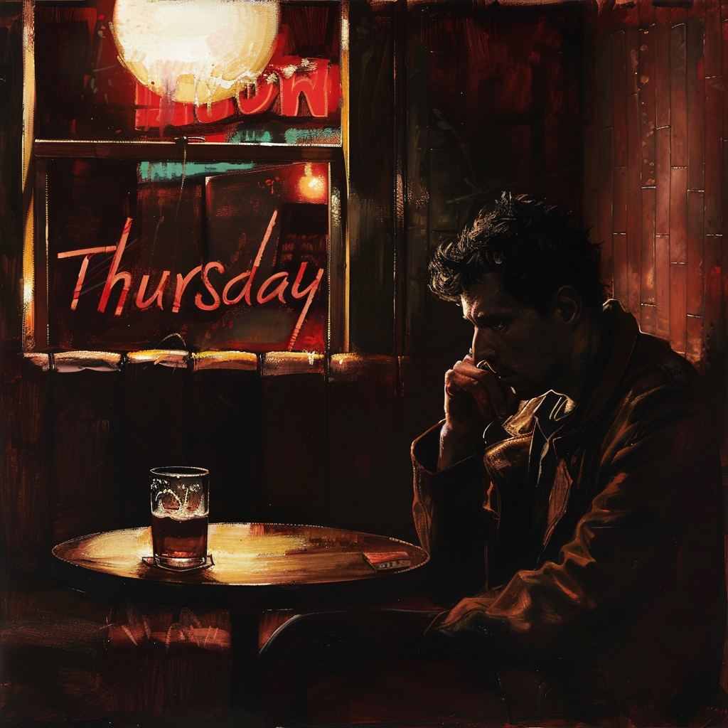 A man sits alone at a dimly lit table in a bar, staring into his beer. The word “Thursday” glows in neon on the window behind him. The scene reflects a somber, introspective mood.