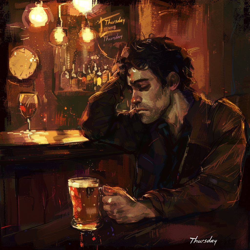 A man sits at a dimly lit bar nursing a beer, looking despondent, reflecting the quote, This must be Thursday, said Arthur, I never could get the hang of Thursdays.