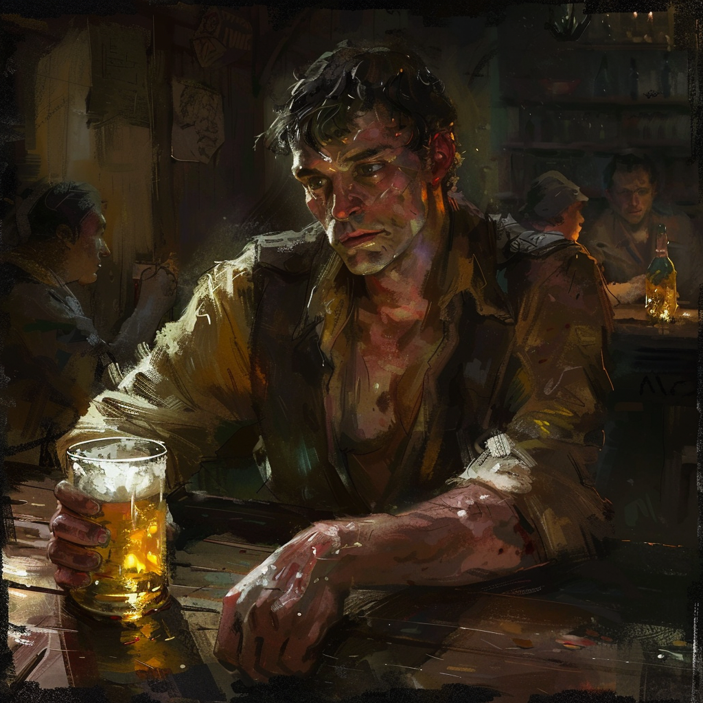 A weary man sits alone at a dimly lit bar, clutching a glass of beer. This image was inspired by the book quote: ‘This must be Thursday,’ said Arthur to himself, sinking low over his beer, ‘I never could get the hang of Thursdays.’