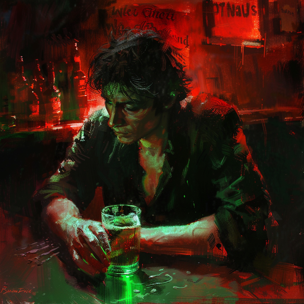 A man sits alone at a dimly-lit bar, staring into his beer with a contemplative expression, inspired by the scene from the book: This must be Thursday, said Arthur to himself, I never could get the hang of Thursdays.