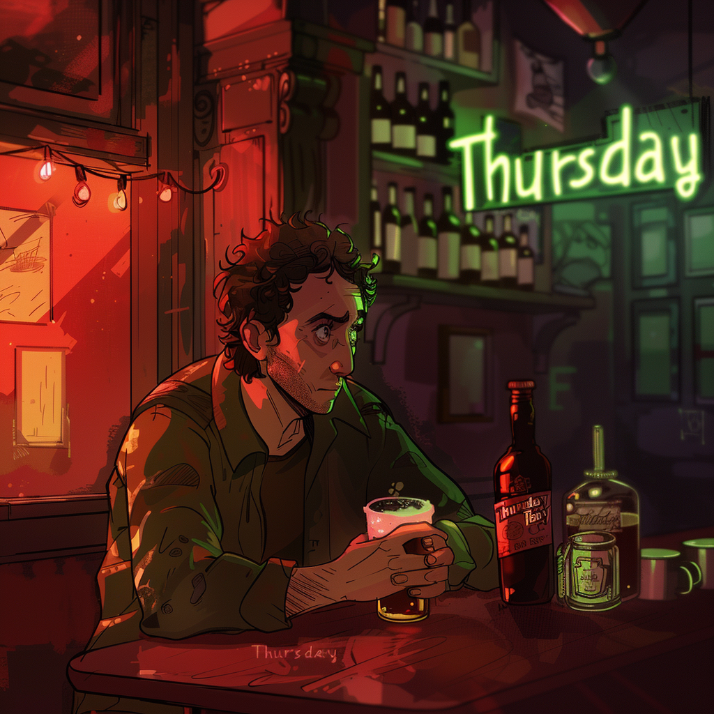 A man sits at a bar with a beer in hand, looking contemplative. A neon sign in the background reads Thursday, reflecting the scene inspired by the book quote.