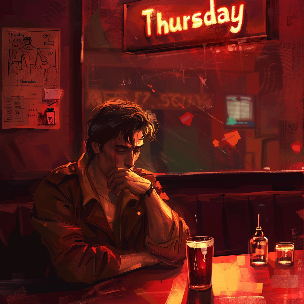 A man, slumped over a beer in a dimly lit bar, contemplates under a neon Thursday sign, reflecting the mood from the book quote: “This must be Thursday,” said Arthur to himself, “I never could get the hang of Thursdays.”