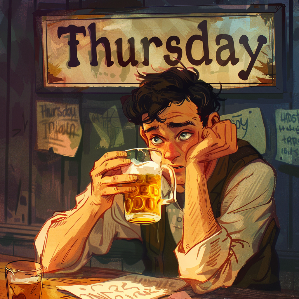 A man slumps over a beer at a bar, looking despondent. A sign reading Thursday hangs behind him, referencing the quote: This must be Thursday, said Arthur to himself, I never could get the hang of Thursdays.