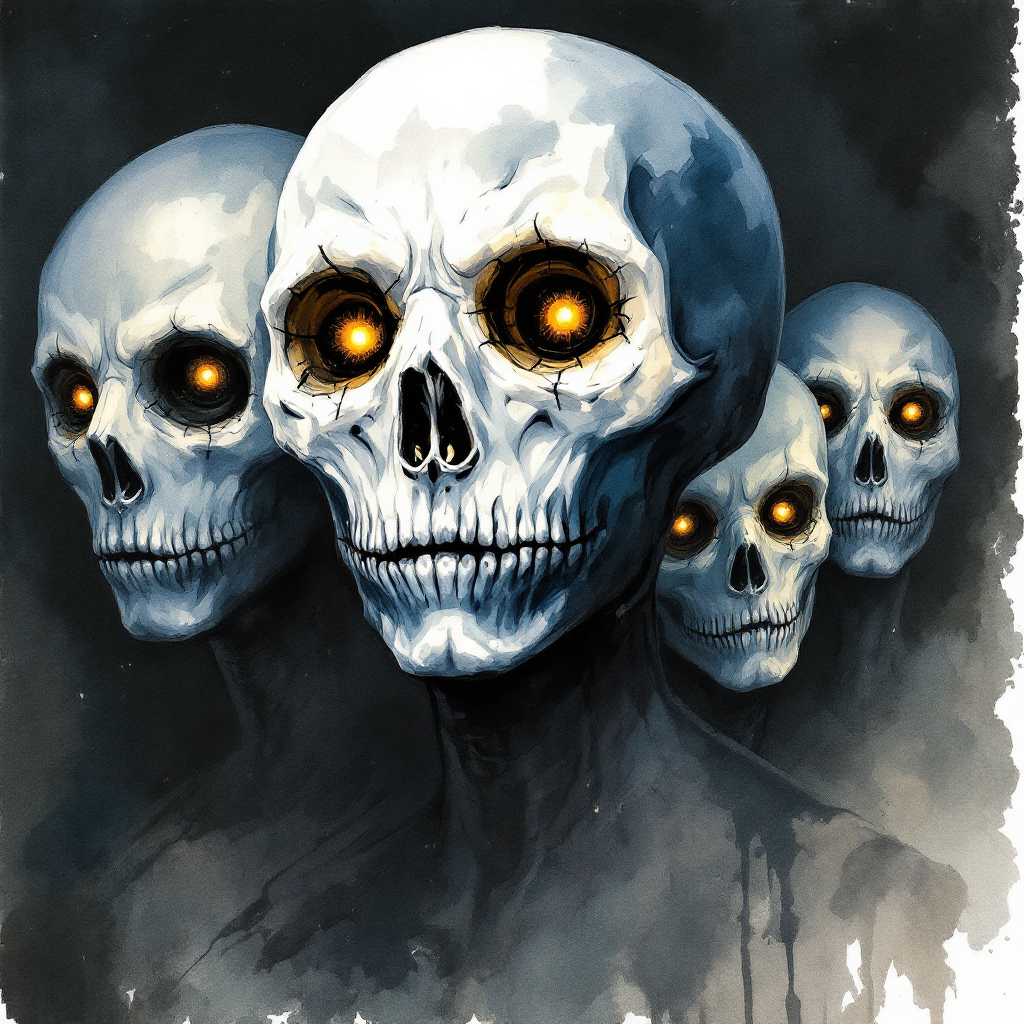 Four ghostly, skull-like figures with bones for facial features and glowing amber eyes gaze ominously, reflecting the eerie essence of the Psychlos described in the quote.