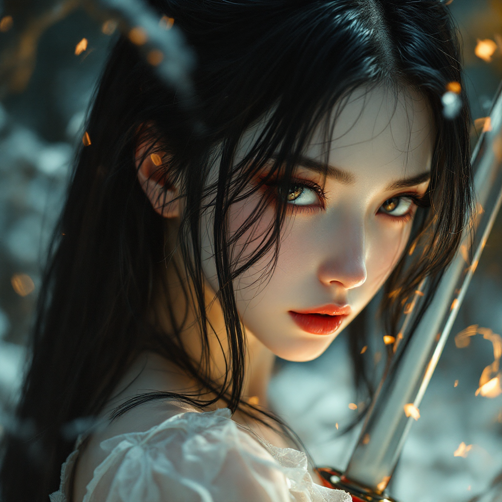 A young woman with dark hair and striking eyes gazes intensely at the viewer, holding a sword. Her delicate appearance contrasts with a subtle aura of strength and determination.