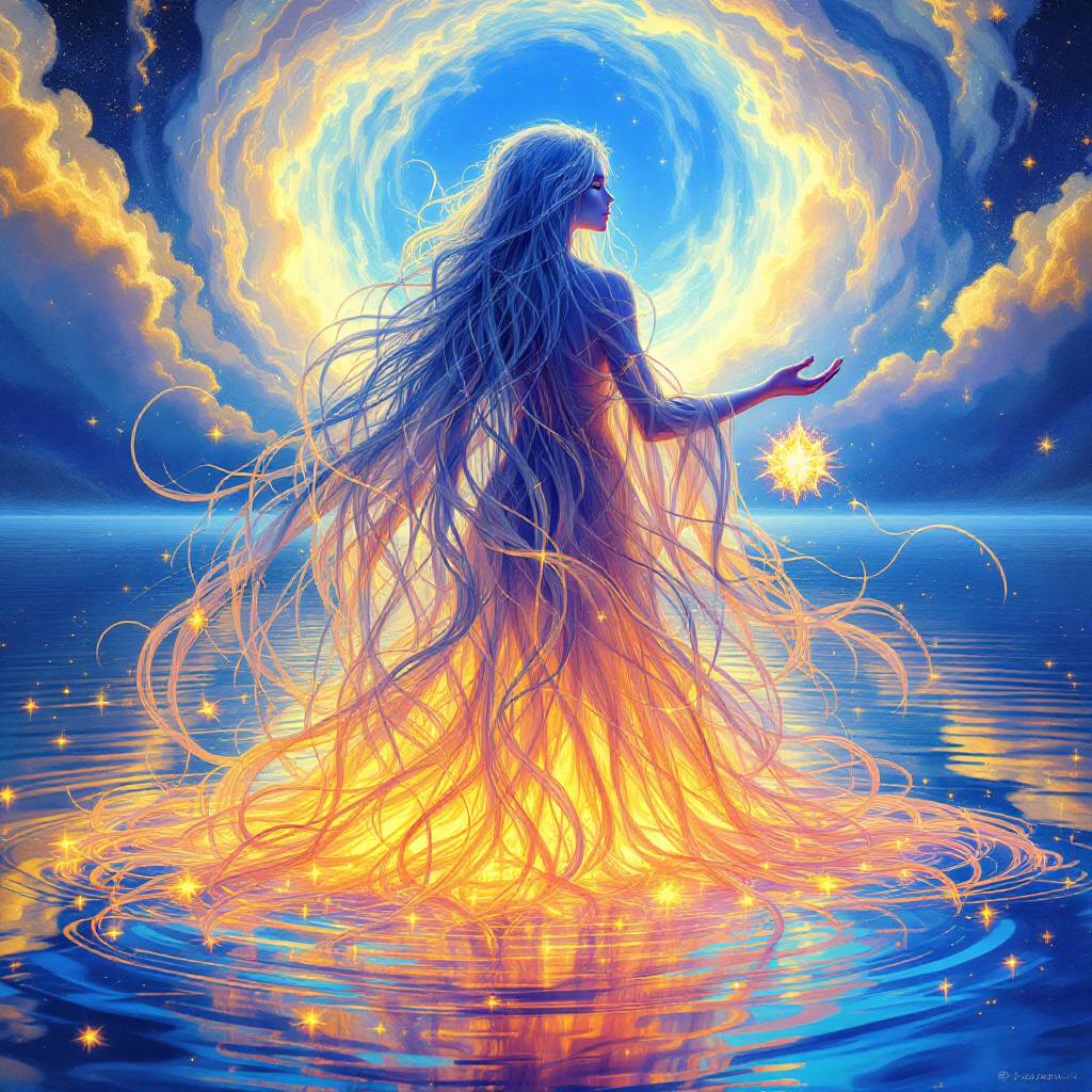 A serene figure stands in shimmering water, surrounded by swirling clouds and glowing light. This image embodies the quote, “Pain is the best teacher,” reflecting strength through beauty.