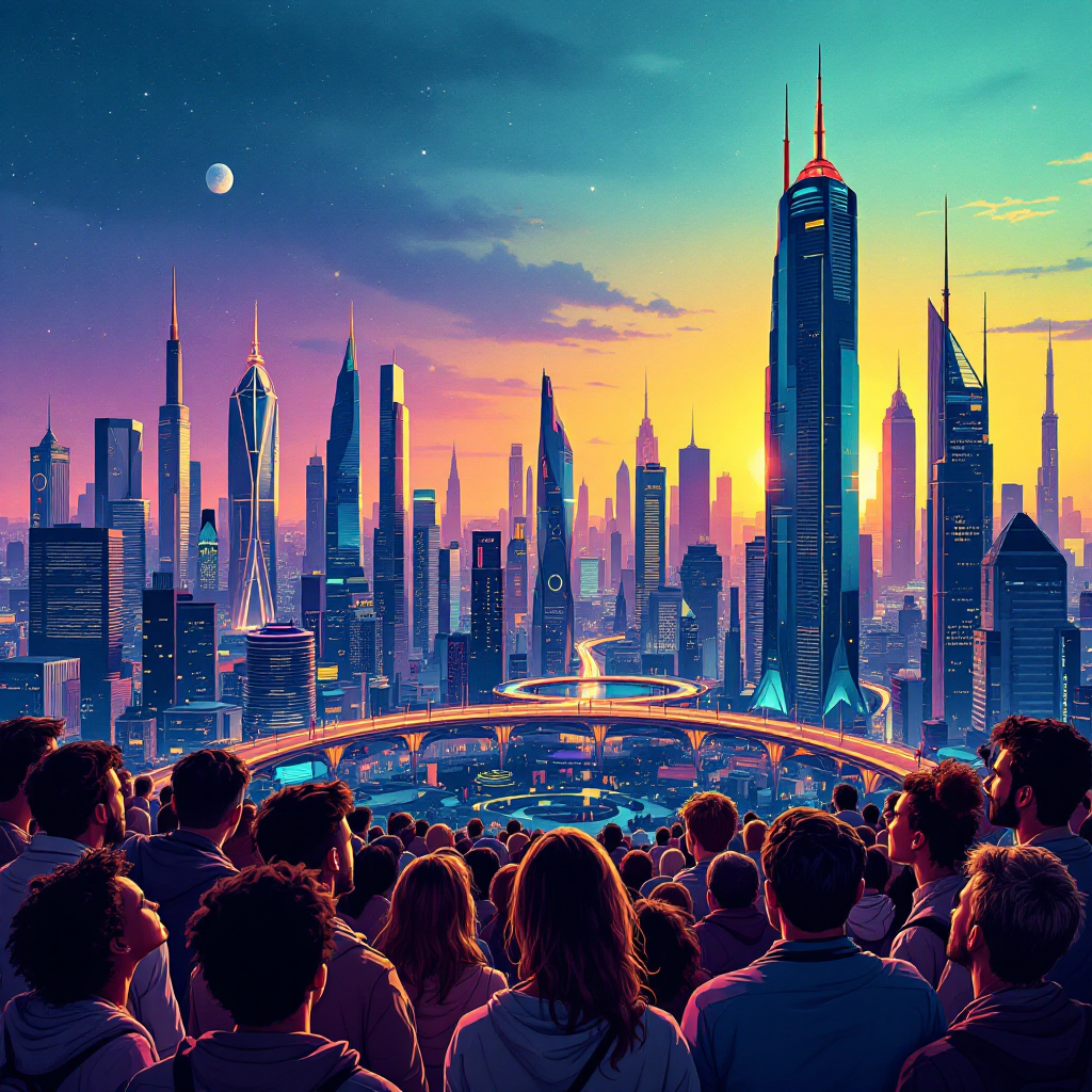 A diverse group of people stands in awe before a vibrant futuristic city skyline, illuminated by a sunset, embodying the vision of a better world and the spirit of idealism.