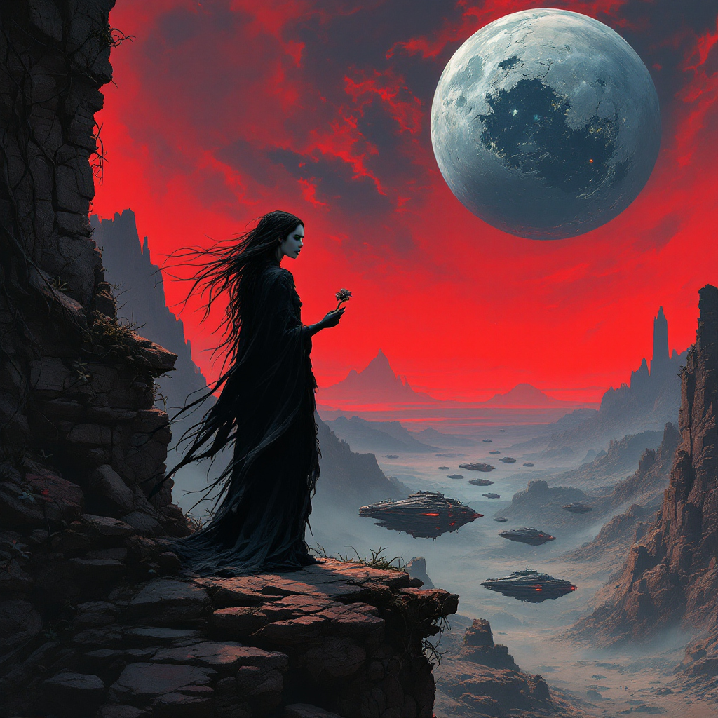 A figure in a flowing black dress stands on a rocky ledge, holding a rose against a backdrop of a blood-red sky and a large moon, embodying the madness and isolation of war.