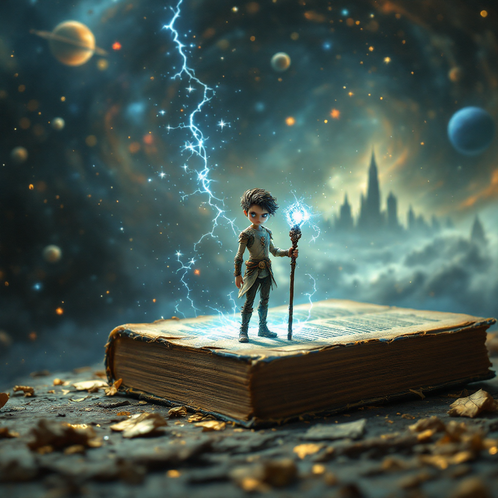 A small figure stands confidently on an open book amidst a dramatic cosmic scene, embodying the quote, Even the smallest person can change the course of the future, with energy and potential.