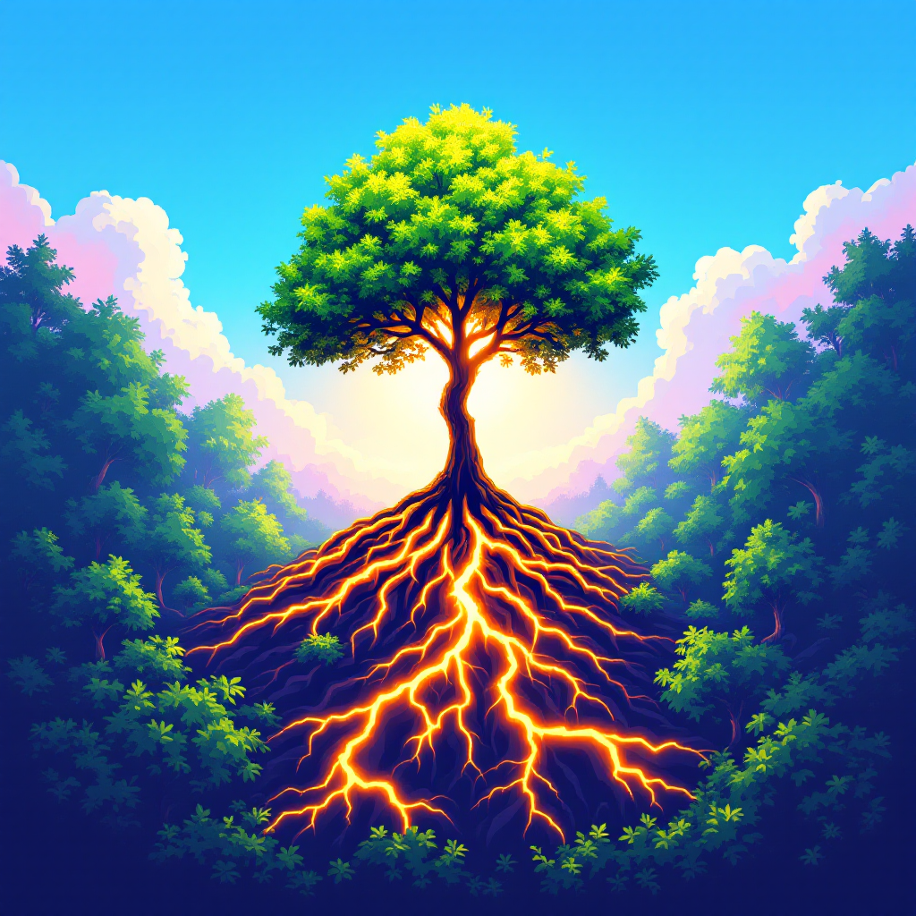 A vibrant tree stands tall, its roots glowing with warmth, symbolizing how kindness nurtures growth and connection, surrounded by a lush, serene forest under a bright sky.