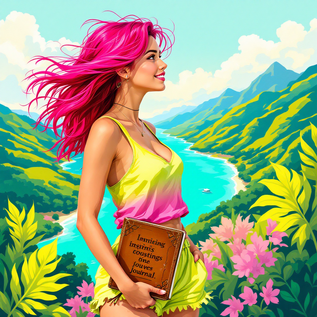 A woman with vibrant pink hair stands by a river, holding a book. Lush green mountains and colorful flowers surround her, reflecting the theme of bravery amid life's challenges.