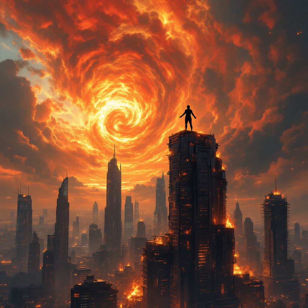 A silhouette stands atop a blazing skyscraper as swirling, fiery clouds illuminate a cityscape, embodying the quote about dreams as divine messages of fire.