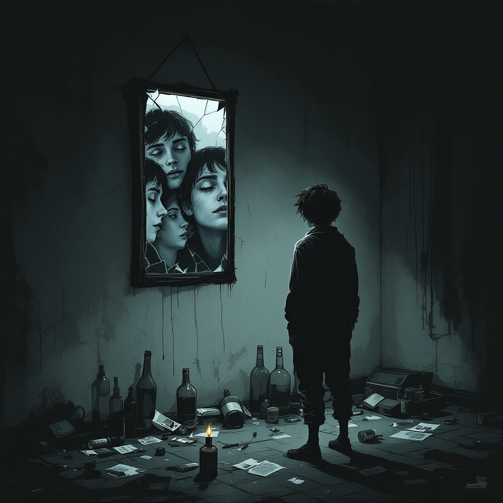 A figure stands in a dimly lit room, gazing into a cracked mirror reflecting multiple faces. Surrounding them are empty bottles and scattered papers, evoking a sense of introspection and consequence.