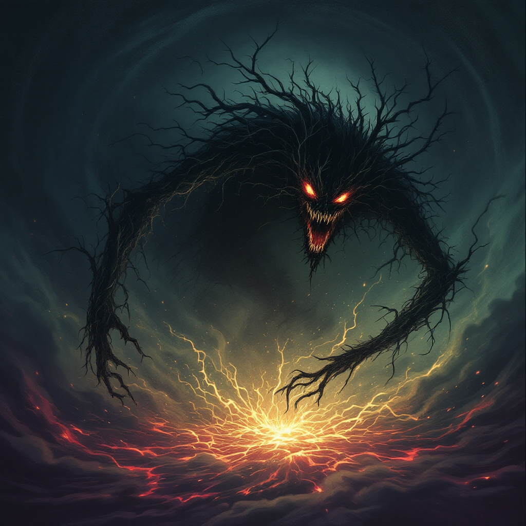 A dark, shadowy figure with glowing red eyes looms menacingly over a vibrant, crackling energy source, embodying the ominous notion that the fukú is real and coming for us all.