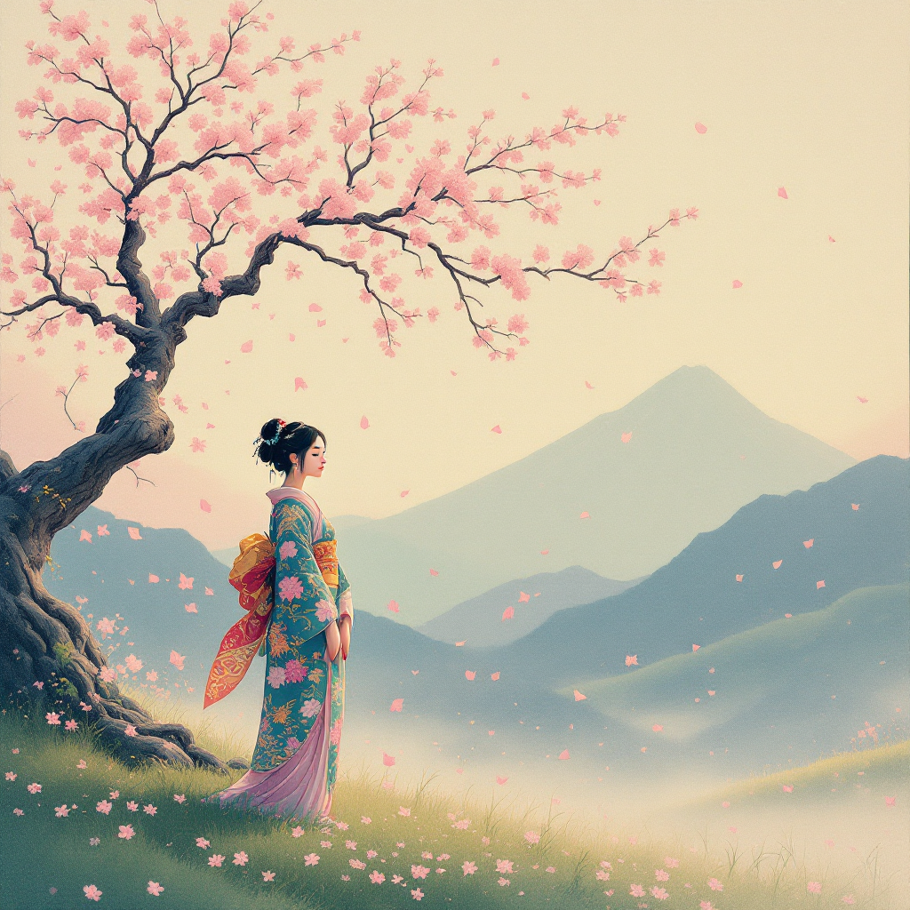 A young woman in a vibrant kimono stands beneath a blossoming cherry tree, gazing towards serene mountains, evoking a sense of tranquility and the start of a lifelong journey.